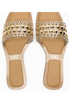 Zara Nude Slide Sandals with Gold Stud Embellishment size 8 (EU 39)